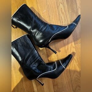 Jimmy Choo London Chic Leather Pointy Boots With White Trim Detailing